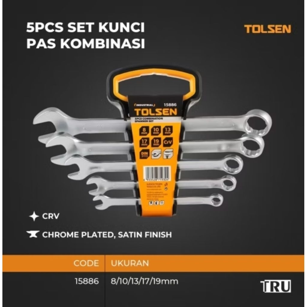 Kunci Ring Pas Set 5 Pcs TOLSEN ORIGINAL/Kunci Kombinasi Ring Pas Set 5 Pcs 8/10/13/17/19mm TOLSEN 2