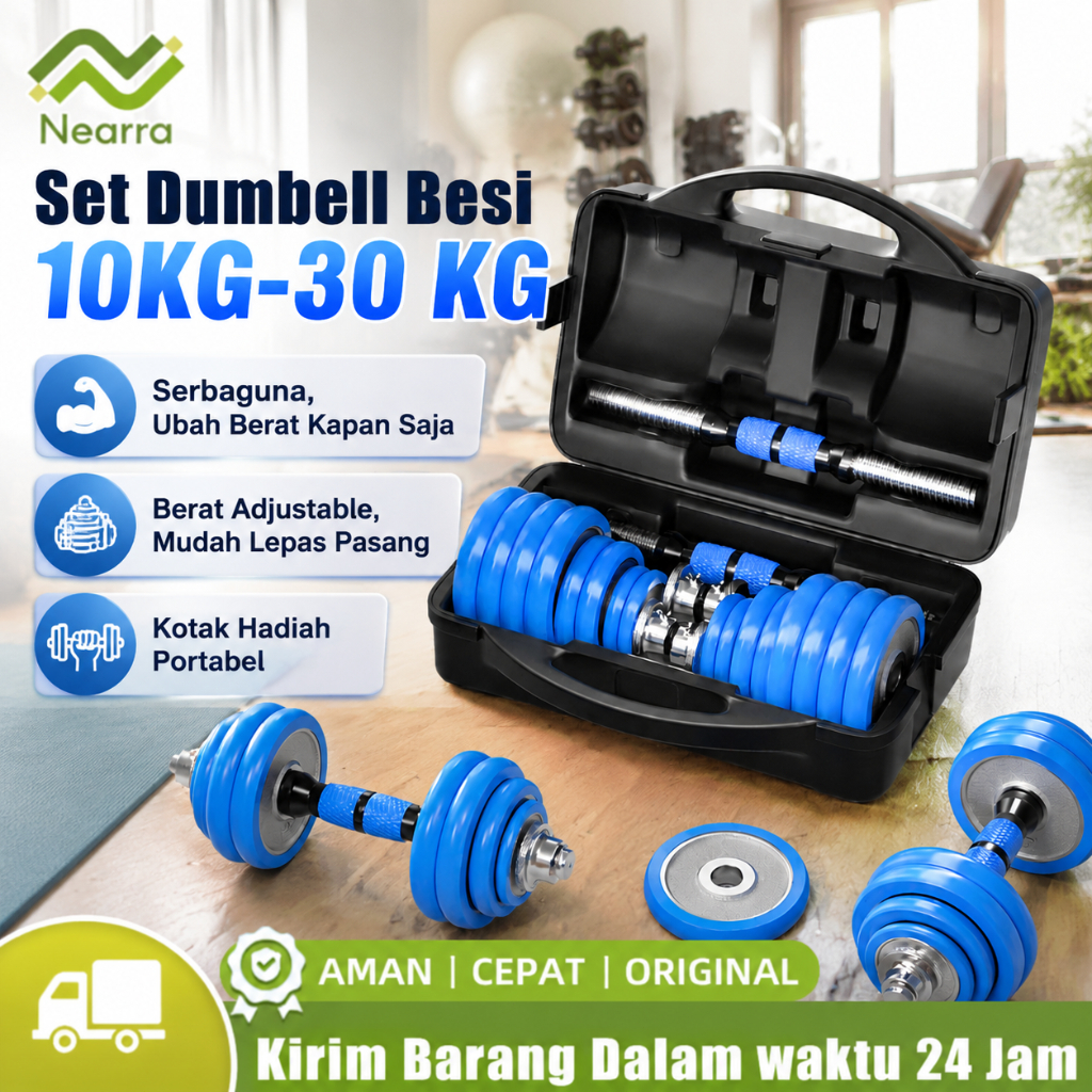 NEARRA Set Dumbel Barbel 10KG-30KG Berat Adjustable untuk Pria Olahraga Rumah & Gym