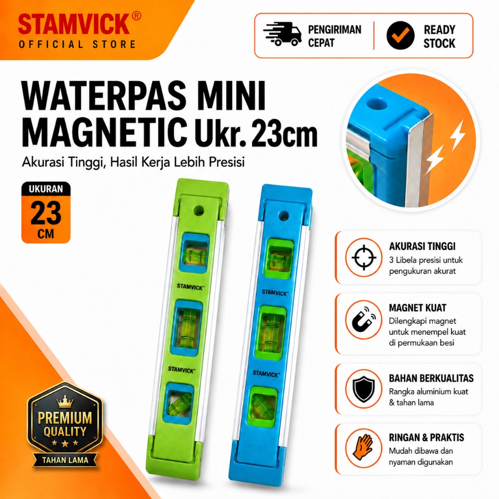 Waterpass Magnet Mini Stamvick 9" - Penggaris Waterpass Kecil Meteran Panjang 23cm