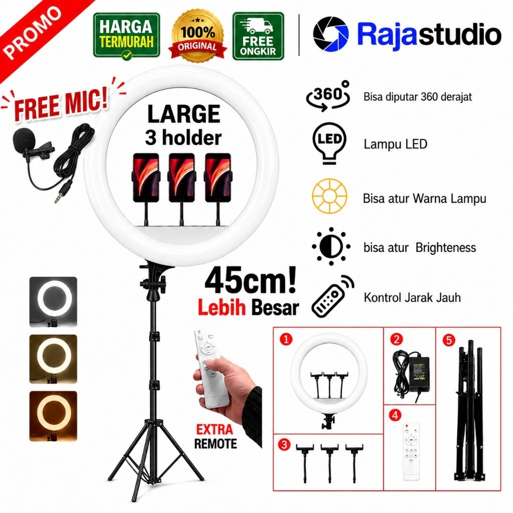 Ring Light Tripod Ukuran Besar 45cm/16cm Lampu Konten Kreator with 3 Holder HP Livestreaming
