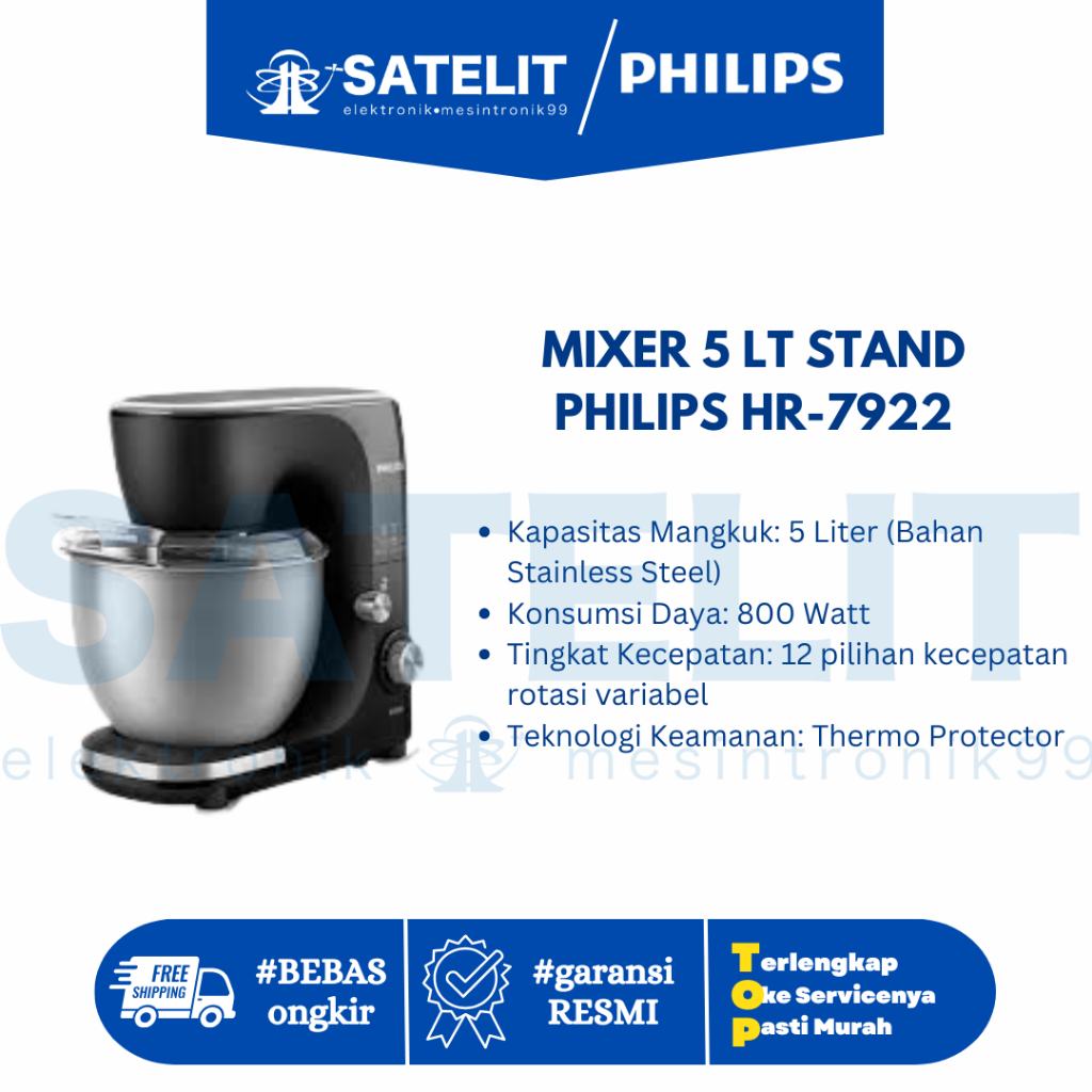 Mixer Standing Philips 5 Liter HR-7922-  800 Watt Cocok untuk Adonan Roti Donat Kue Bolu Kalis Profe