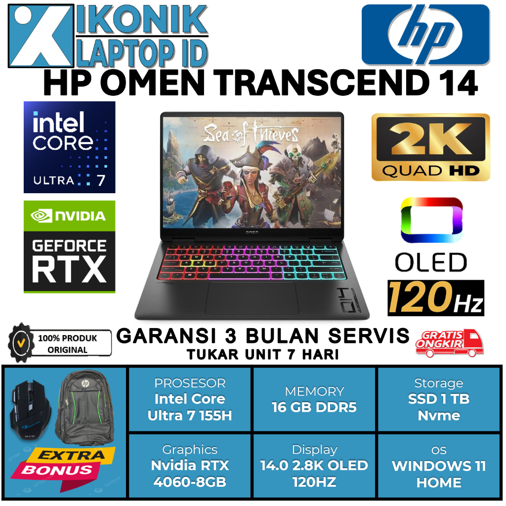Laptop Gaming HP Omen Transcend 14 Intel Ultra 7 155H RTX4060-8GB 14.0 2.8K OLED 120HZ PKRGB