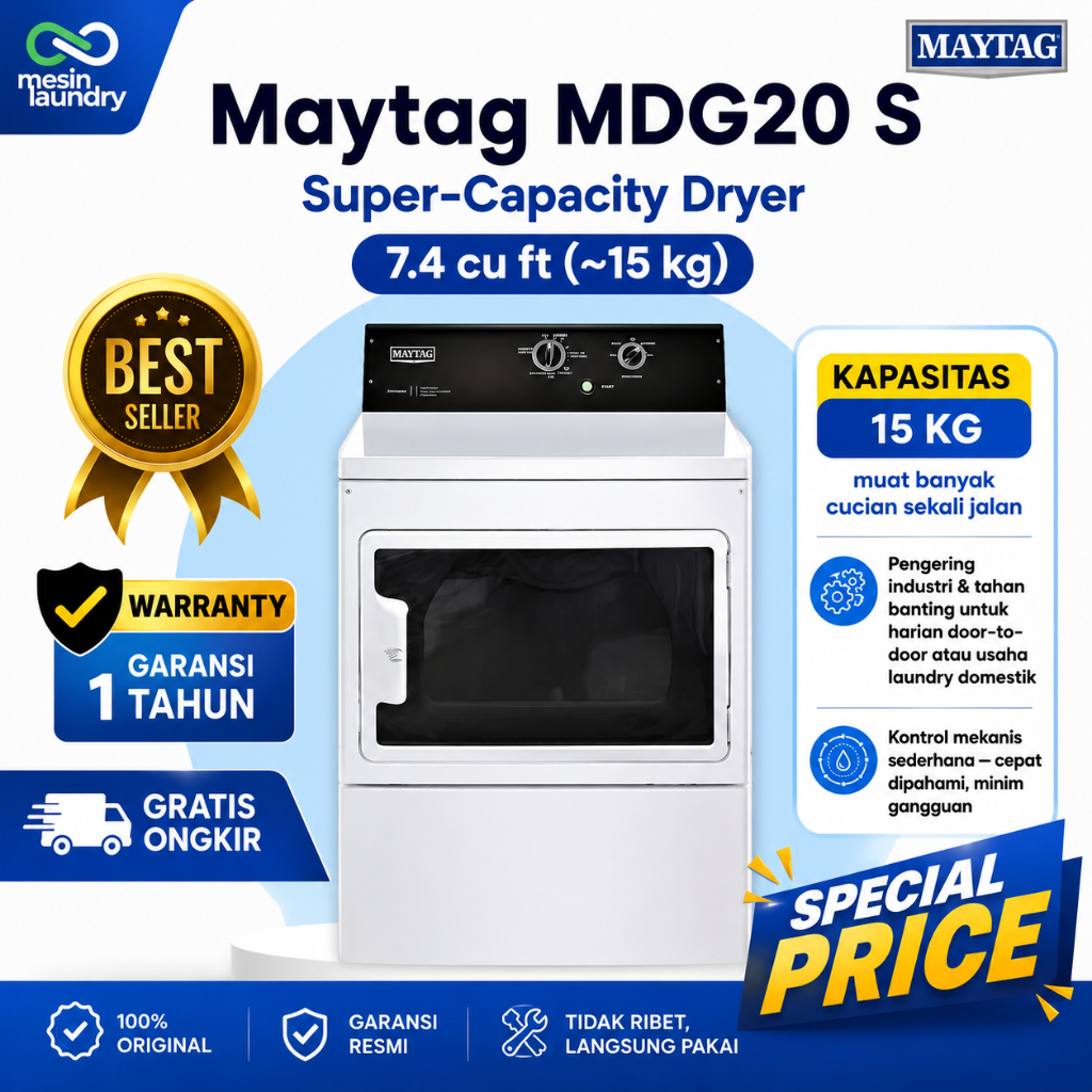 Maytag MDG20 Super-Capacity Dryer 15 KG – Pengering Laundry Komersial Gas | Kuat & Efisien