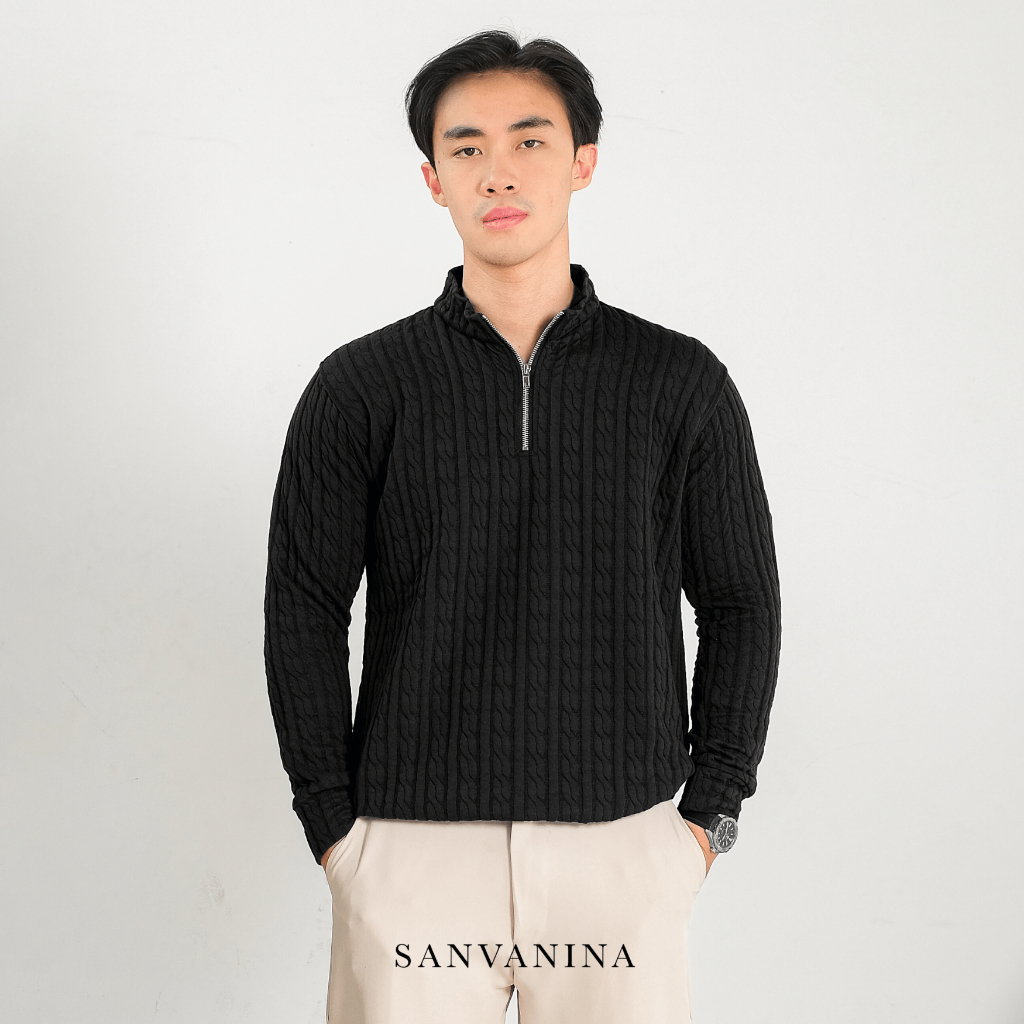 SANVANINA Cable Upper Zip Knit Sweater | Jaket Rajut Lengan Panjang Pria | Atasan Sweatshirt Pria