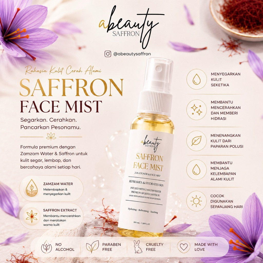 Abeauty Saffron Spray Wajah Herbal Premium | Face Mist Air Zamzam dan Putik Saffron Afghanistan.