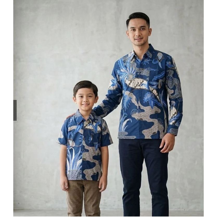 Batik Couple Ayah dan Anak Laki Laki Biru Navy Untuk Usia 3-10 Tahun Bahan Katun Signature - Batik m