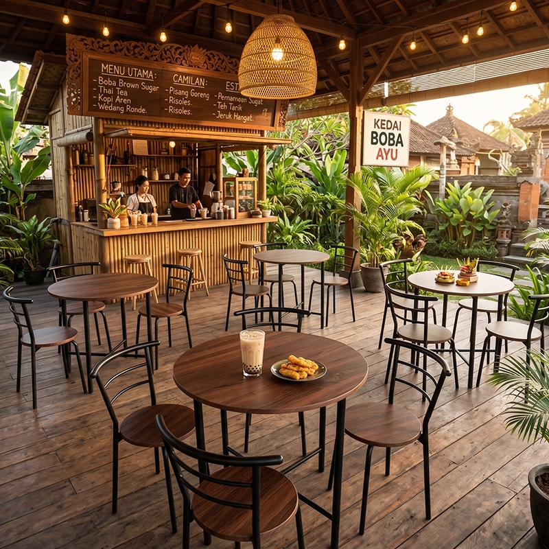 Paket Meja Makan Bulat 1 Meja + 4 Kursi Rangka Besi Minimalis Cocok Kafe Restoran Rumah Homestay Kok
