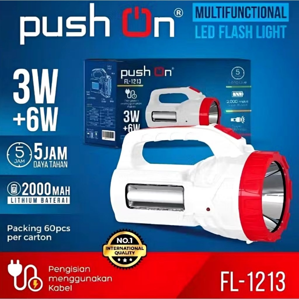 Push On Senter LED 3W + Lampu Darurat 6W FL-1213 Rechargeable Emergency Light Multifungsi Original 2