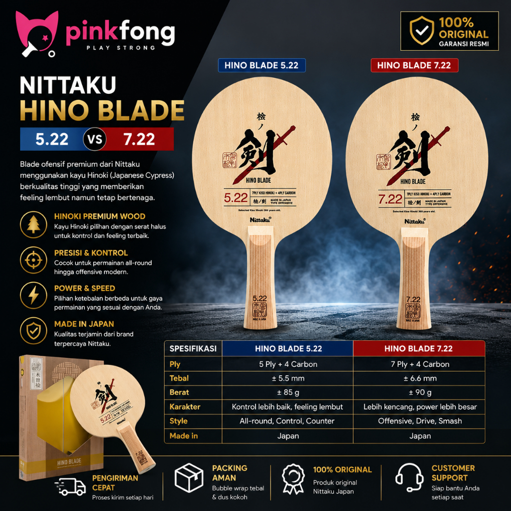 Nittaku Hino Blade 5.22 & 7.22 Original Made in Japan | Blade Tenis Meja Hinoki Premium