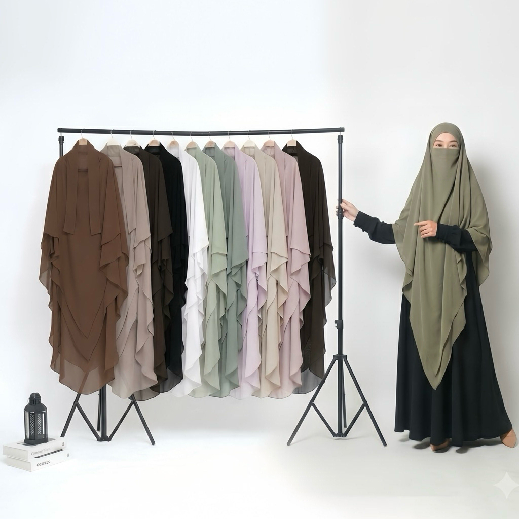 TABASSAMA - FRENCH KHIMAR BTARI FK Umrah Haji Double Layer Chiffon Hareer Cerutti Tabassama