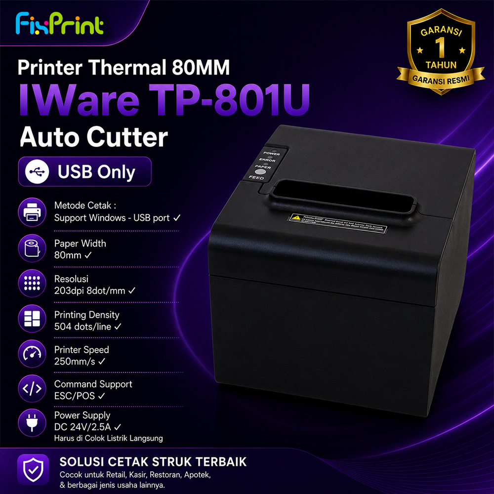 FixPrint Printer Kasir Thermal TP-801U 80MM IWare Auto Cutter 80MM TP-801U USB Only