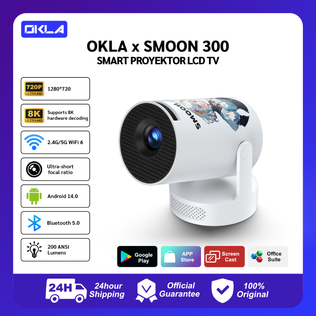 OKLA X SMOON 300 Smart Projector LCD TV - Proyektor Pintar - 200 ANSI Lumens - TV Android - Fokus Ot