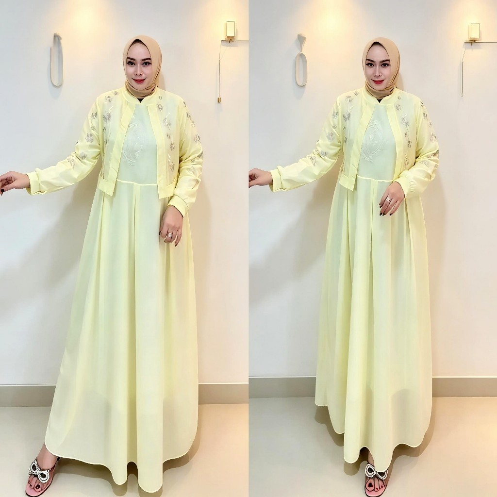 LUNARA DRESS  Gamis Setelan Gamis dan Outer Crop Motif Bunga Elegant / Gamis Kondangan Muslimah Ceru