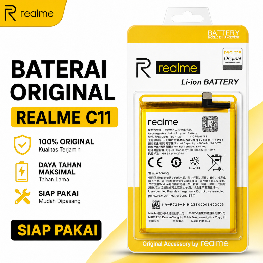 Baterai Realme C11 Original BLP729 Batre Batrai HP Ori C20 C21 C21Y C3 Bergaransi
