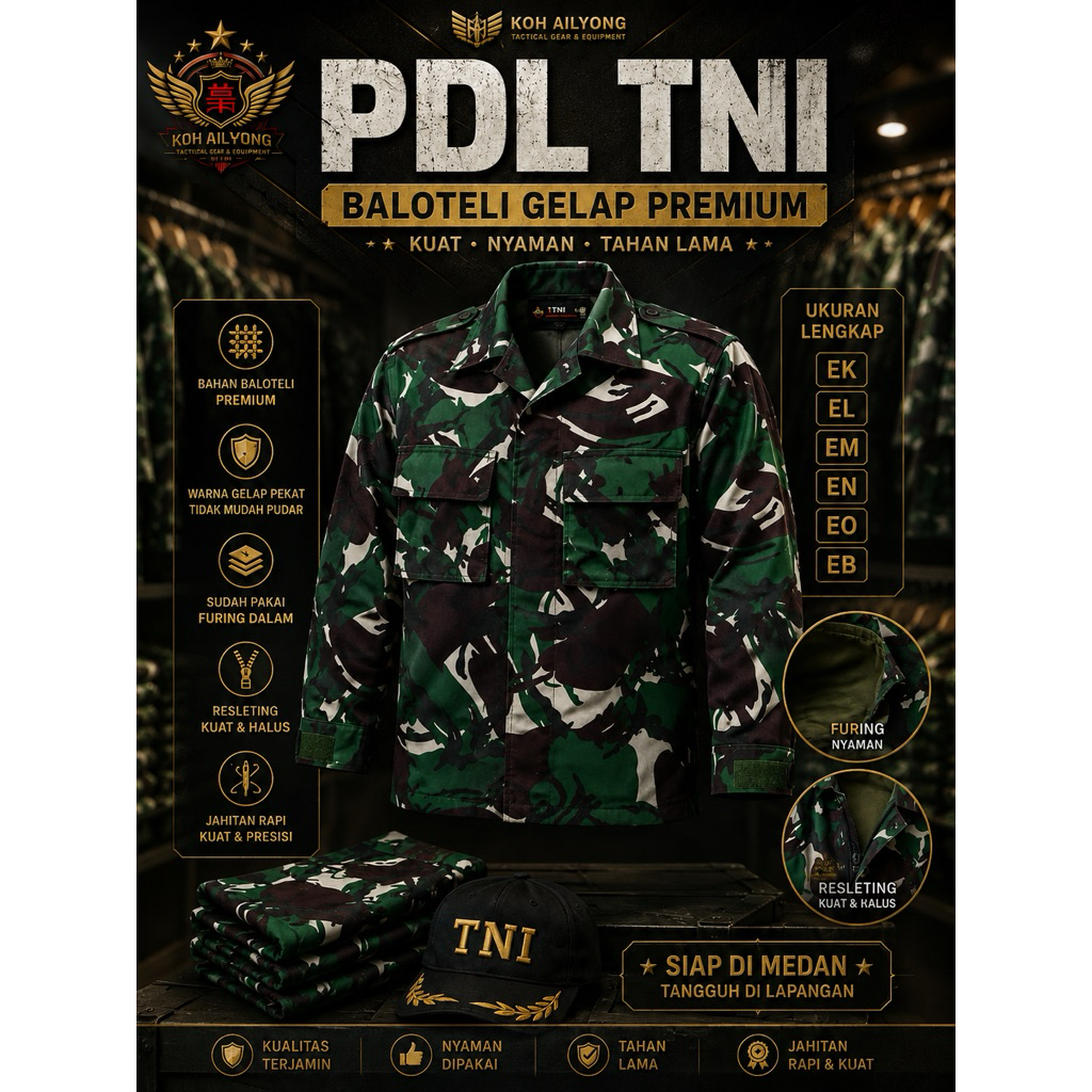 PDL TNI Baloteli Premium Gelap Pekat Original | Furing Dalam + Resleting | Ukuran Lengkap EK-EB