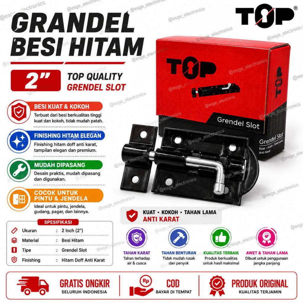 ORIGINAL GRENDEL BESI HITAM 2 INCH GRENDEL 2" TOP GRENDEL SLOT BESI GRENDEL PINTU PENGUNCI PINTU