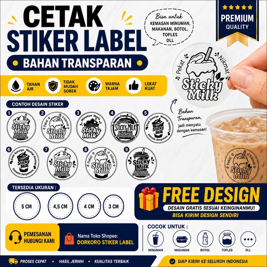 Cetak Stiker Label Minuman Custom Transparan | Label Cup Sticky Milk | Waterproof