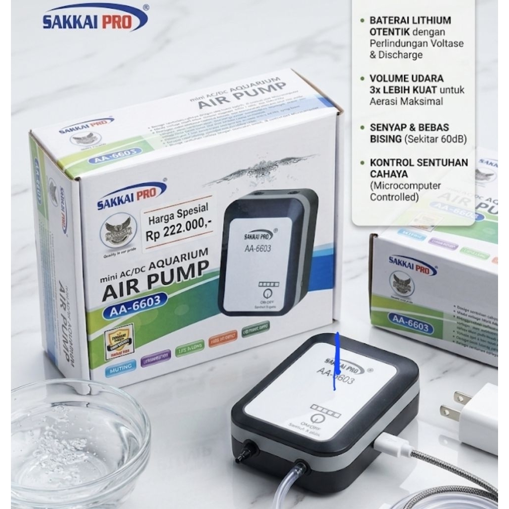 SAKKAI PRO AA-6603 - Pompa Udara Aquarium AC/DC Baterai Cas USB Aerator Portable Mini Super Senyap &