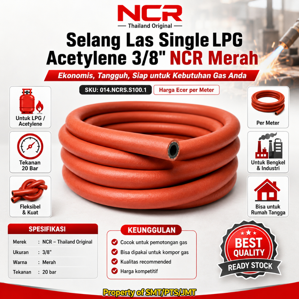 Selang Las Single Merah 3/8" NCR LPG Acetylene Welding Hose - meteran