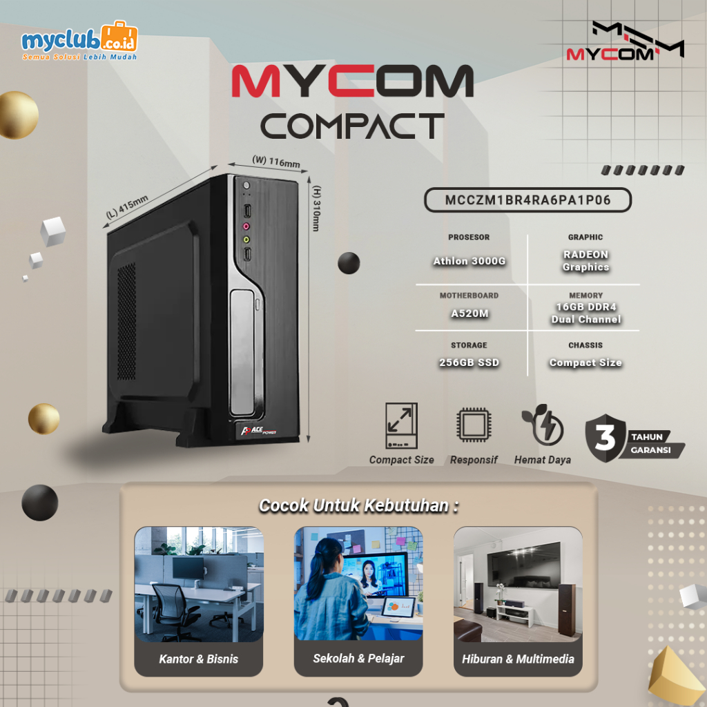 MyCom Compact AMD Athlon 3000G A520M DDR4/16GB SATA 256GB Micro ATX (Paket PC)