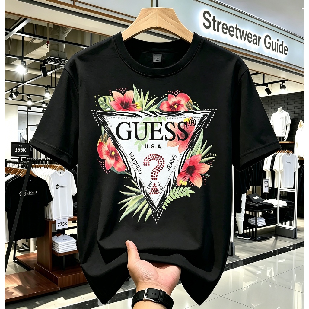 BAJU KAOS DISTRO STREETWEAR GUESS TROPICAL FLOWER SEGITIGA LOGO DIAMOND PRINT PREMIUM BAHAN TEBAL NY