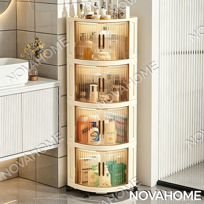 NOVAHOME Lemari Sudut Siku 90 Derajat Portable Dilengkapi Roda, Anti Air, Pintu Ganda Penyimpanan Se