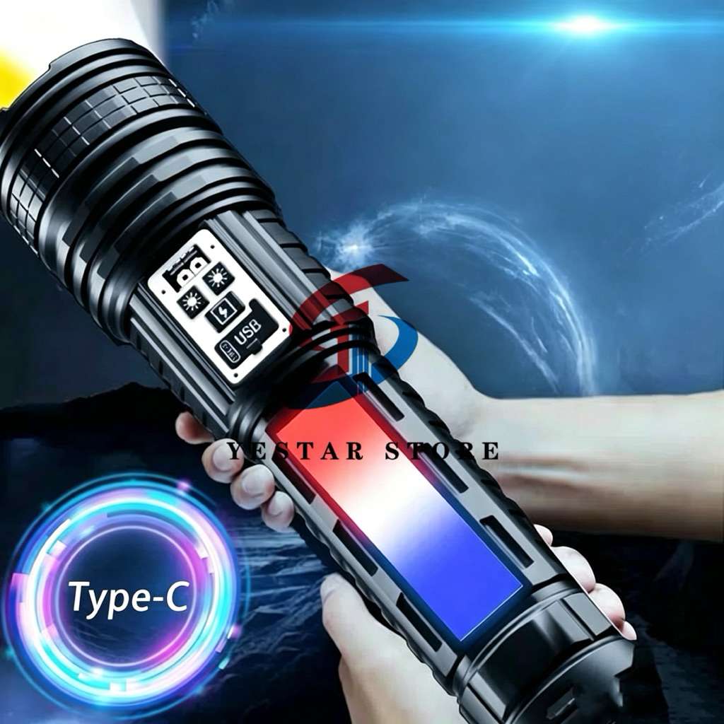 Senter Led Jumbo Super Terang Dua Warna 14 Light Mode Senter Zoom Senter Jarak Jauh Type C 1000M