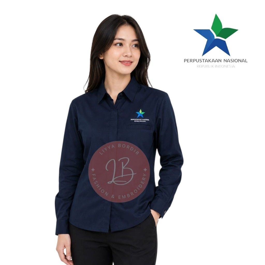 Kemeja Wanita Perpustakaan Nasional RI Kemeja Perpustakaan Nasional RI Model Slimfit Bordir Komputer