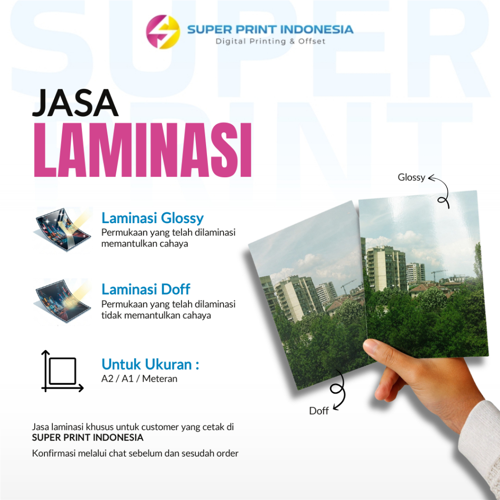 Jasa Laminasi A2 - A1- Meteran / Doff - Glossy / Tambahan Finishing Cetak Stiker Art Paper