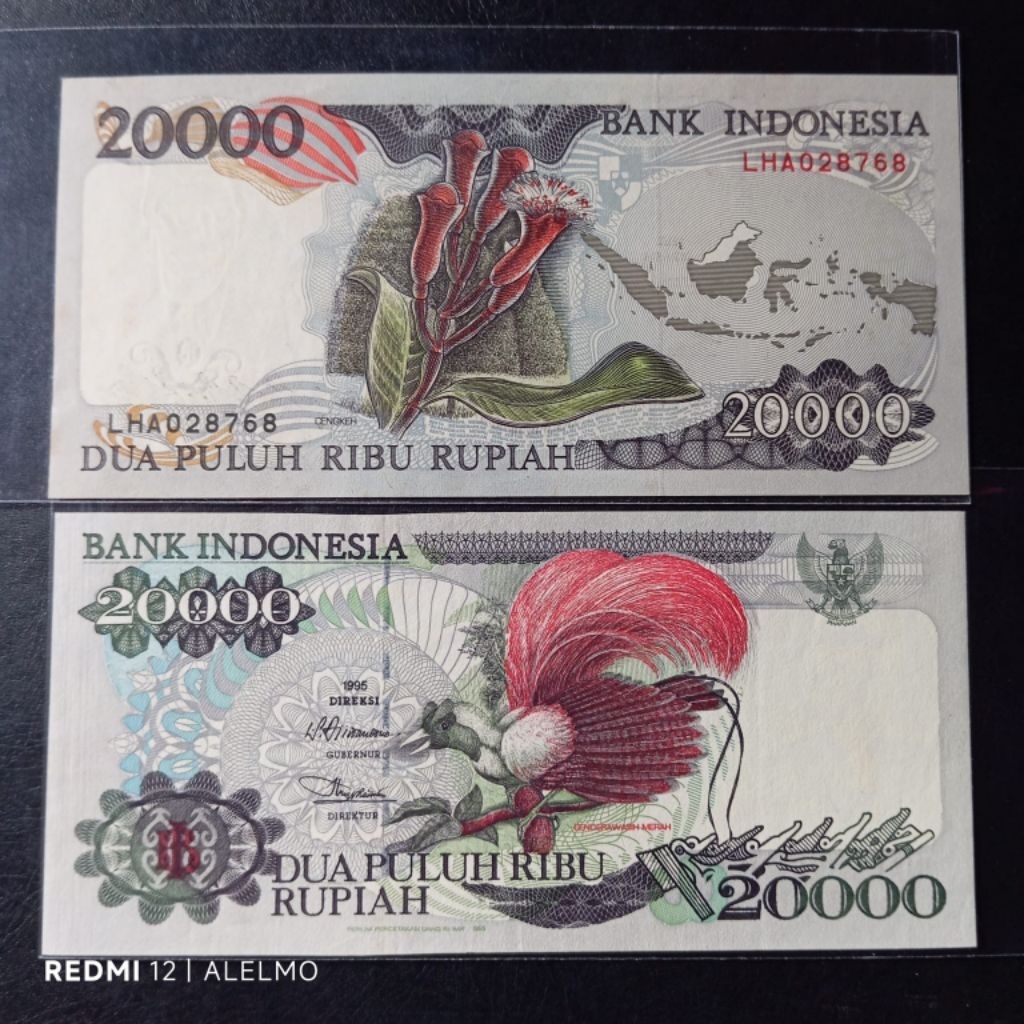 uang kertas 20000 rupiah cendrawasih tahun 1995 / 1992 baru asli