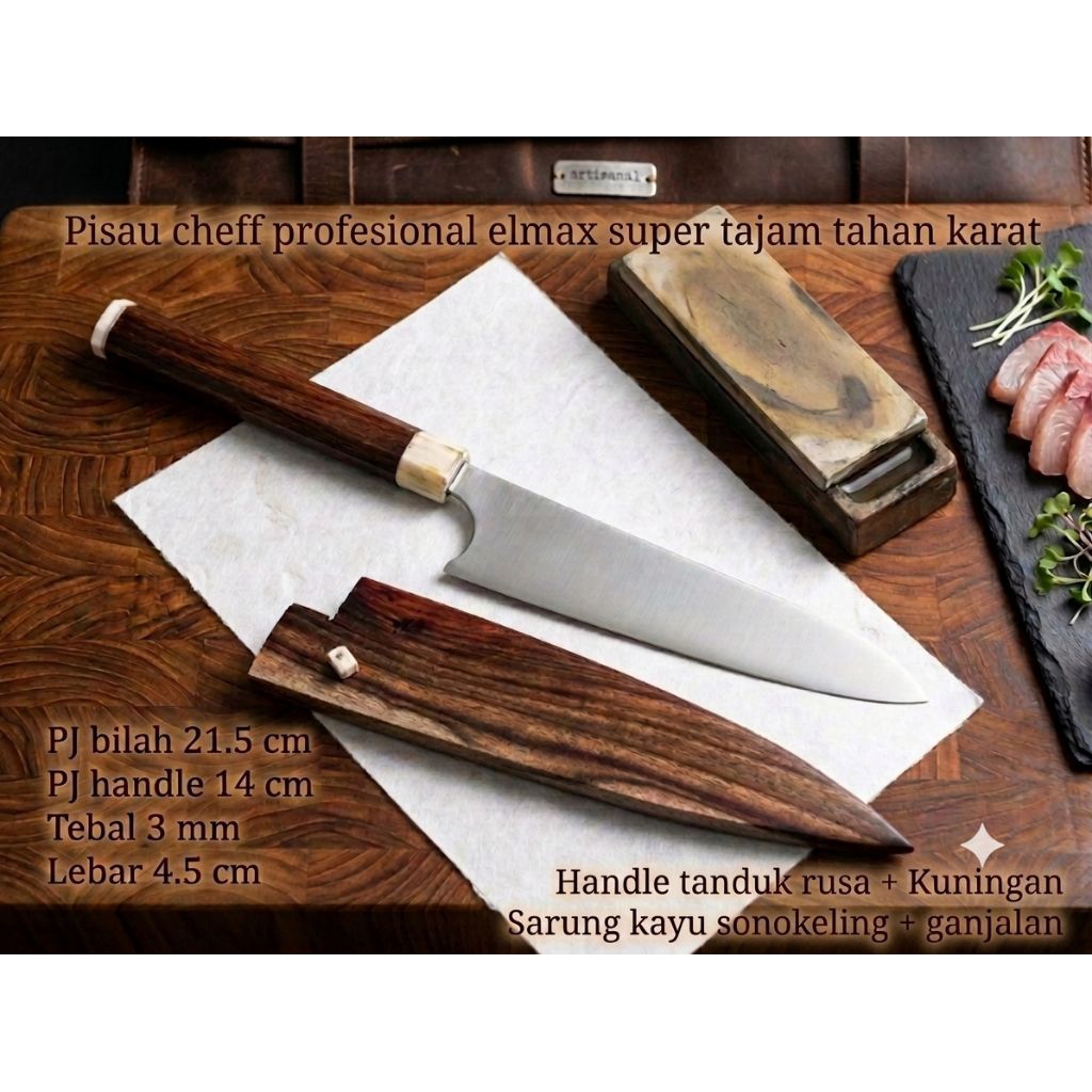 pisau dapur Cheff knife profesional elmax handle tanduk rusa super tajam tahan karat
