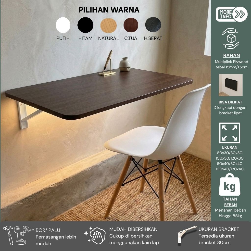 MEJA LIPAT DINDING TEBAL KOKOH 15MM 120X40 120X30 100X40 100X30 80X40 80X30 60X40 60X30cm / MEJA DEK