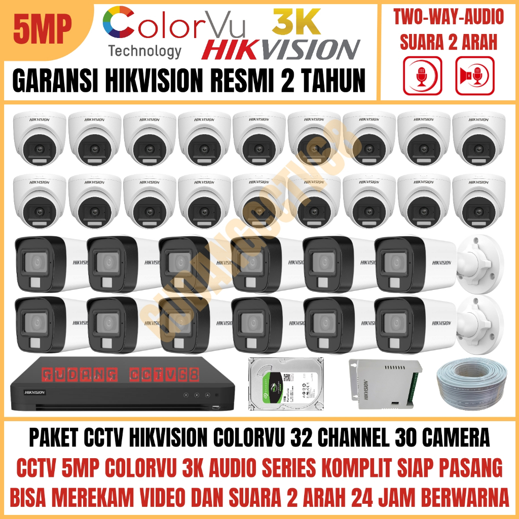 Paket CCTV HIKVISION COLORVU 32 Channel 30 Camera 5MP 3K Full Colour AUDIO TWO WAY Komunikasi 2 ARAH