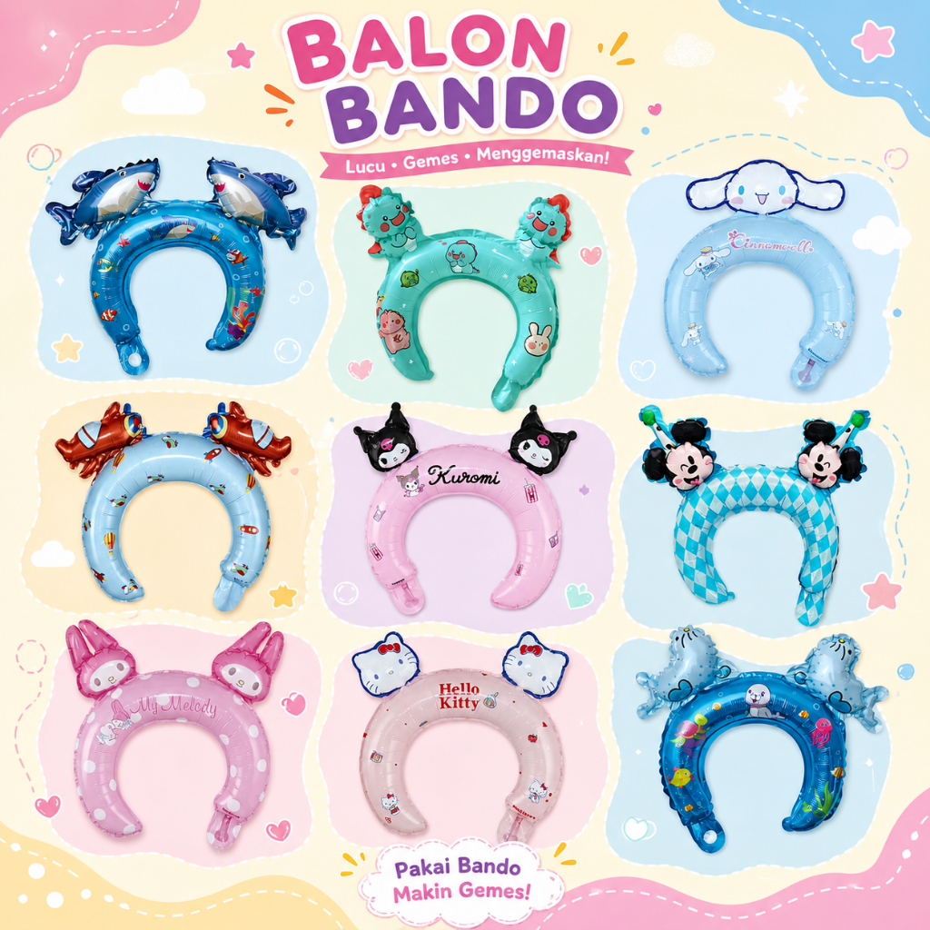 Bando Balon Karakter Kartun Anak / Topi Ulang Tahun Anak Pernik Pesta Ultah Balon Foil Animal