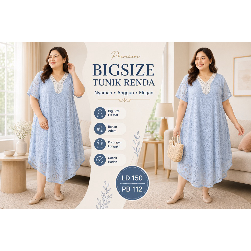 Tunik Renda Wanita Big Size LD150 Warna Biru Muda | Dress Longgar Elegan Adem Preloved Premium