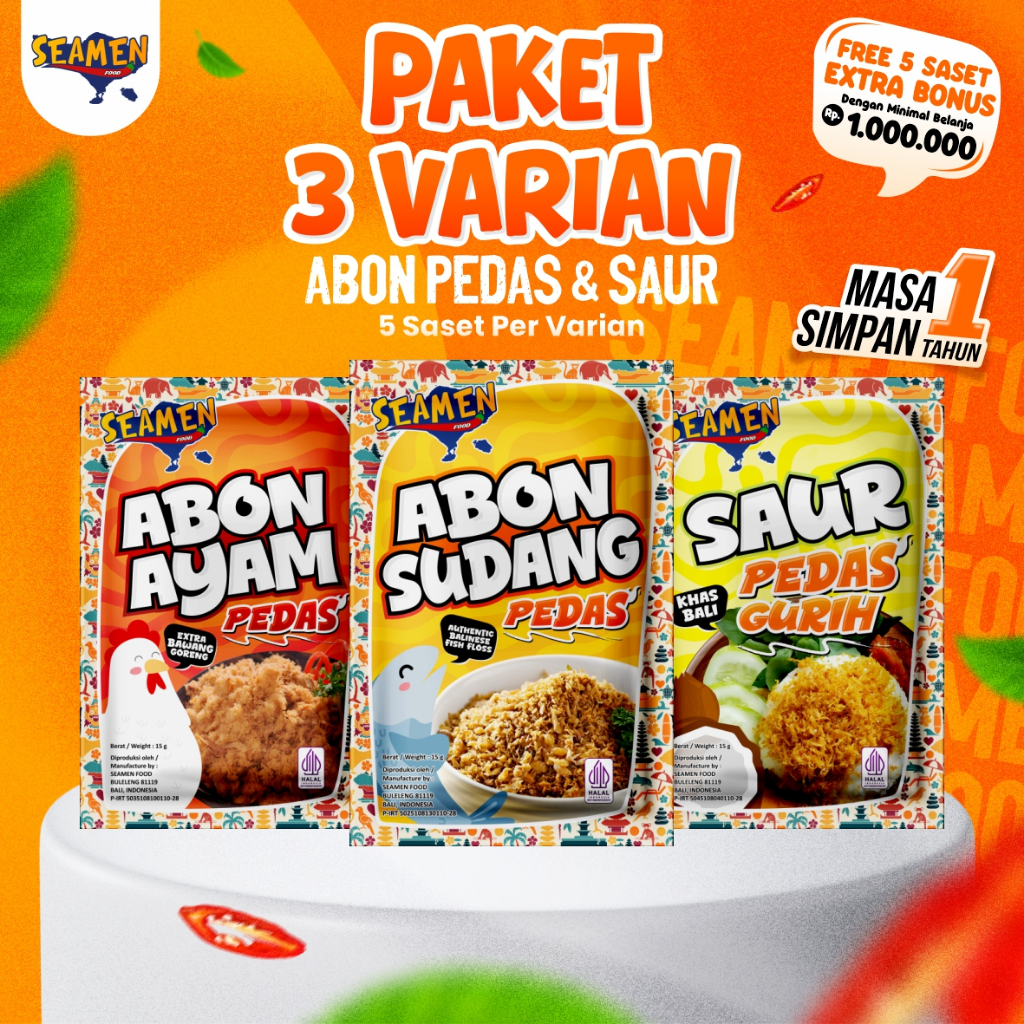 PAKET 3 VARIAN SASET ABON AYAM PEDAS, SUDANG PEDAS & SAUR. 5 Saset per Varian. Masa Simpan 1 Tahun