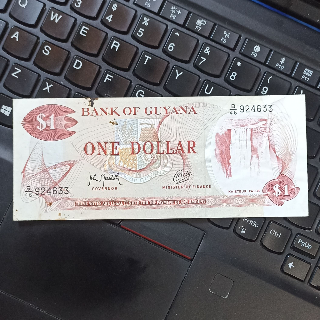 Uang Kuno Guyana 1 Dollar AUNC Foxing tahun 1966-1992