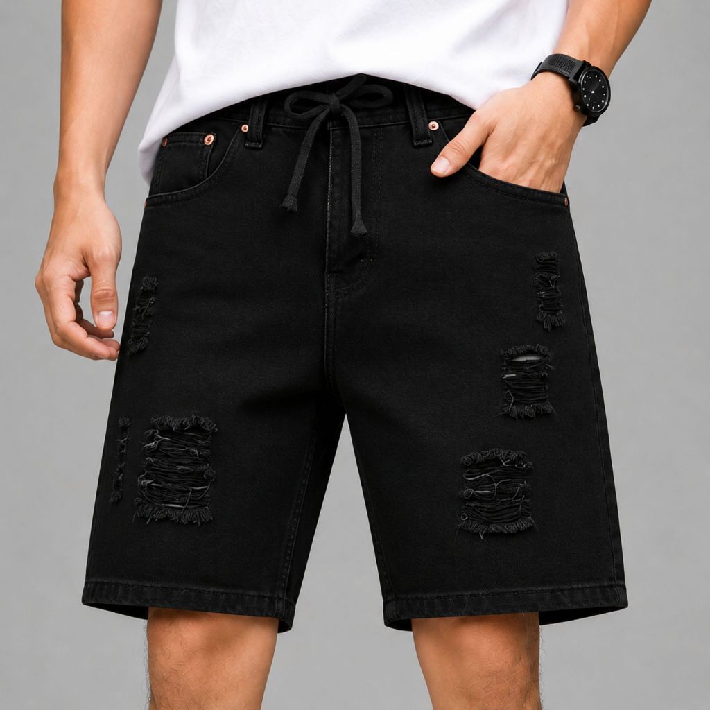 SOCIETY - Celana Pendek Jeans Sobek Keren Wash Hitam Pekat Celana Pendek Pria Cowok Distro
