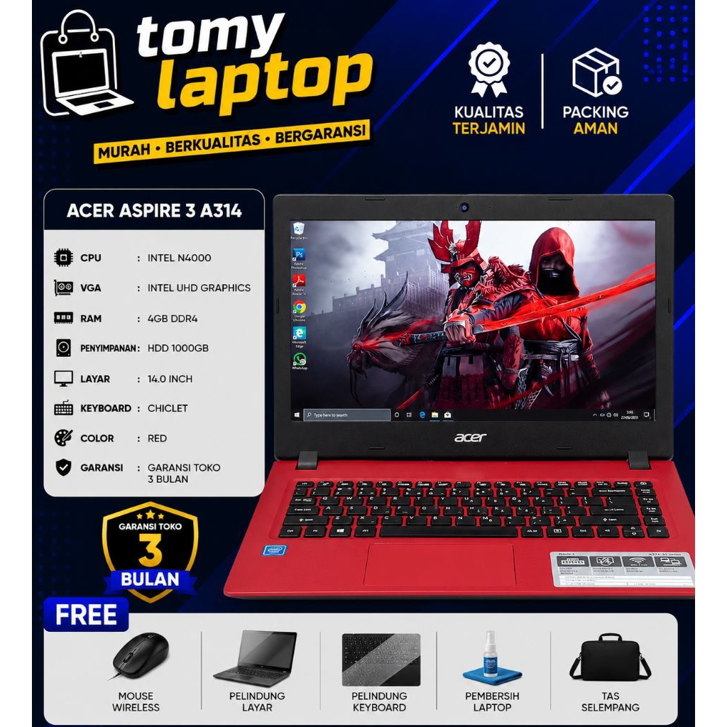 LAPTOP SECOND JAMINAN GARANSI TOKO ACER ASPIRE 3 A314 INTEL N4000 INTEL UHD GRAPHICS RAM 4GB DDR4 HD