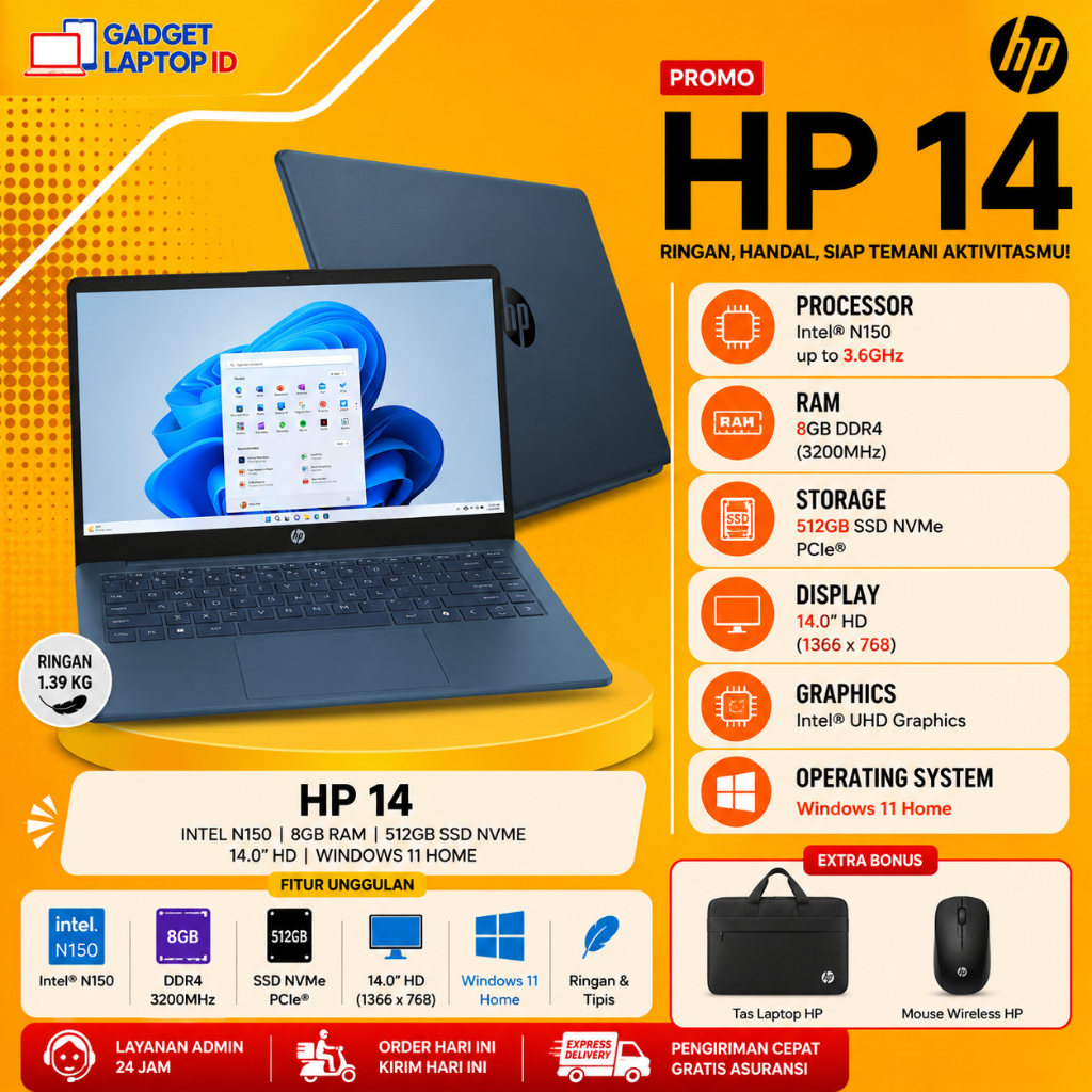 Laptop HP 14 Intel N150 RAM 8GB DDR4 384GB SSD 14 inch Windows 11 Home Office 2024