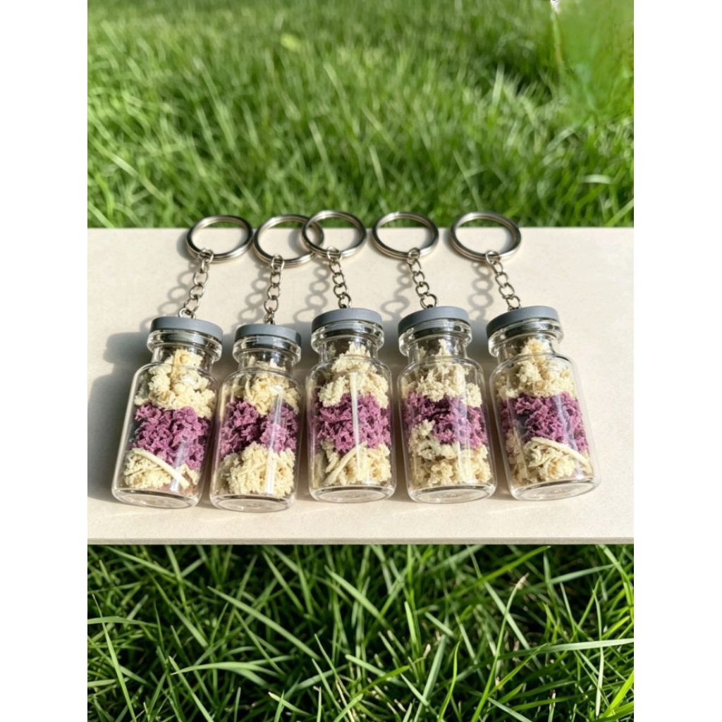 Gantungan Kunci Bunga Kering Edelweis Mix 3 Warna -  Botol Kaca, Souvenir Rustic