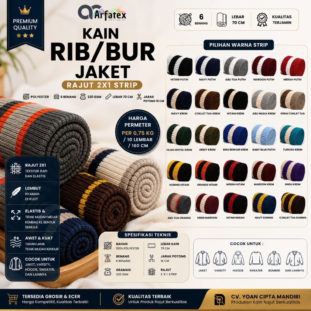 Kain rib bur babat rajut 2x2 untuk bomber premium warna lengkap tebal