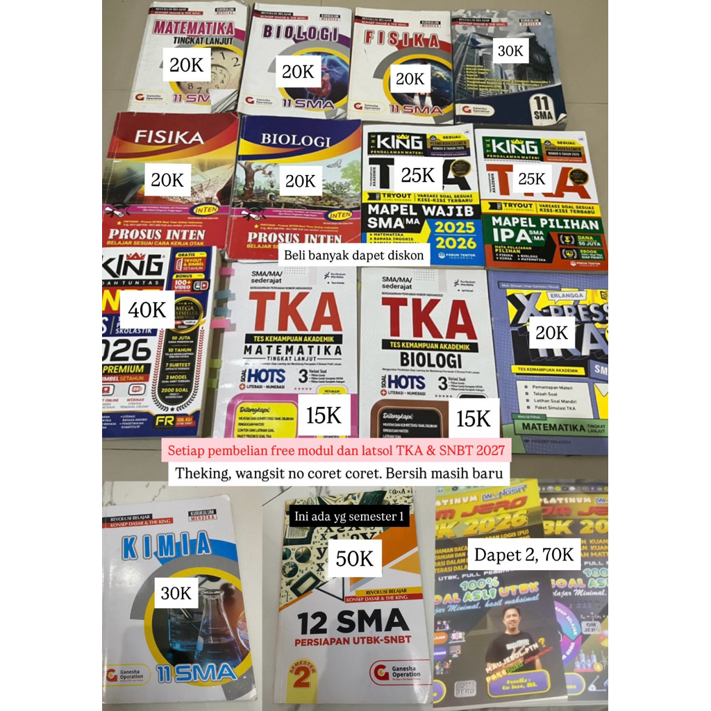 Preloved Buku TKA 2025 & SNBT 2026, Theking, Wangsit, Inten, Go, Erlangga. Free Modul & Latsol