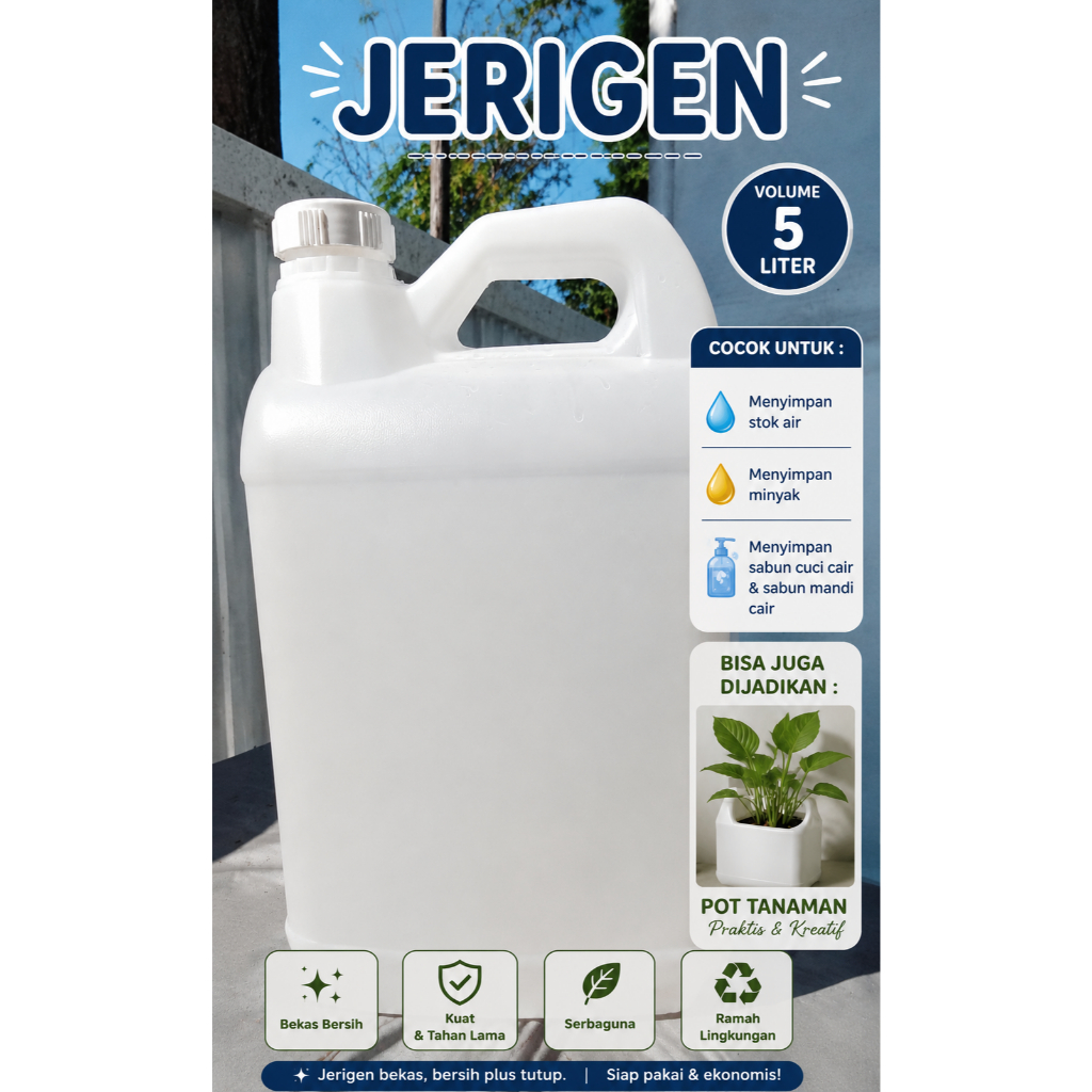 Jerigen Plastik 5 Liter Bekas Bersih + Tutup | Jerigen 5L Multifungsi | Wadah Air Minyak Sabun Cair 