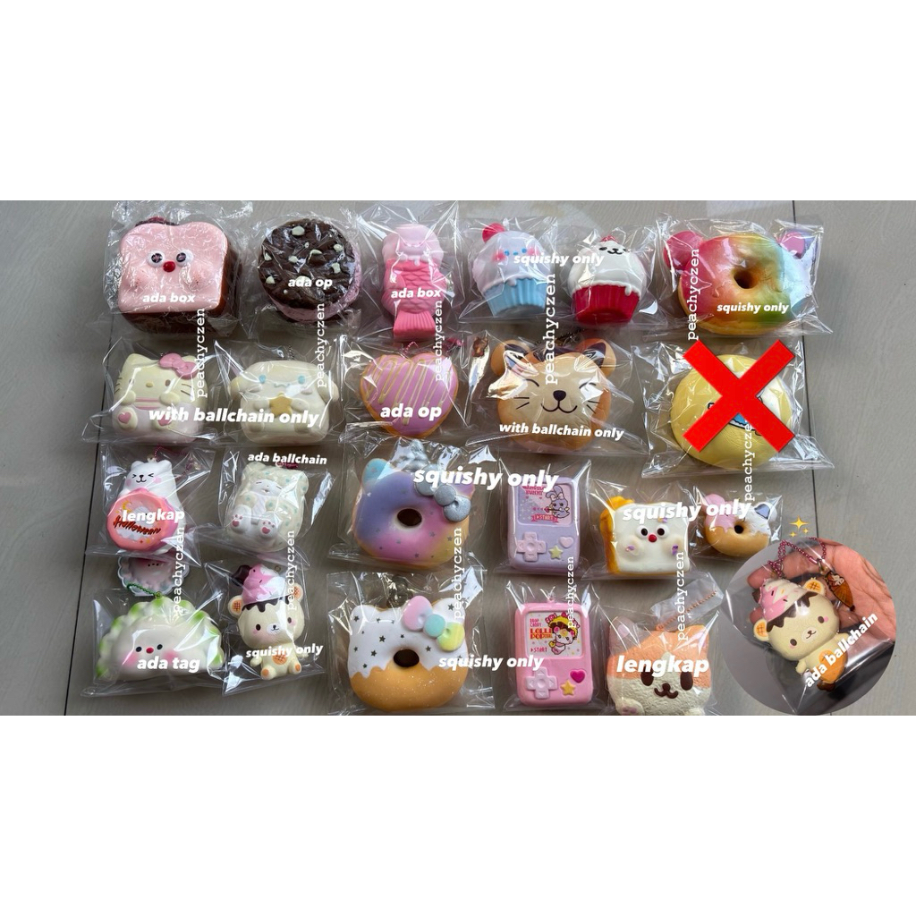 [READ STOCK PRICE ASLI 4.800K TAKE ALL ONLY 22 SQUISHY] HELLO KITTY DONUT UNICORN MARUMOFUBIYORI YUM
