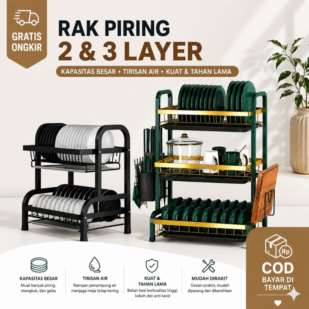 Rak Piring Dapur 2 Susun Stainless Steel Rack Utensil 2 susun Holder dan tanpa holder / Rak pring CH