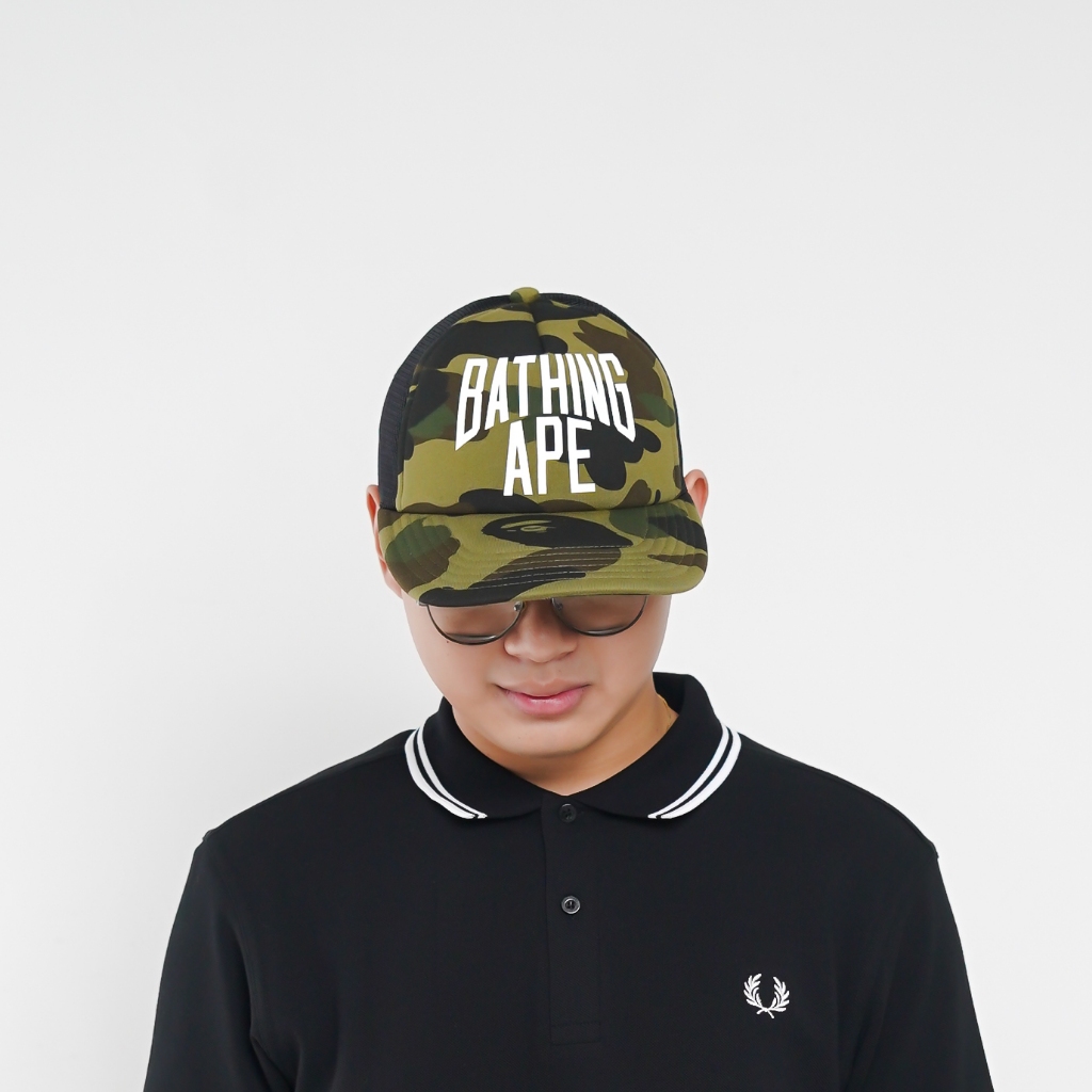 Topi BAPE TEXT WHITE HALF CAMO GREEN MESH BLACK CAP 100% ORIGINAL - OS ADJUST