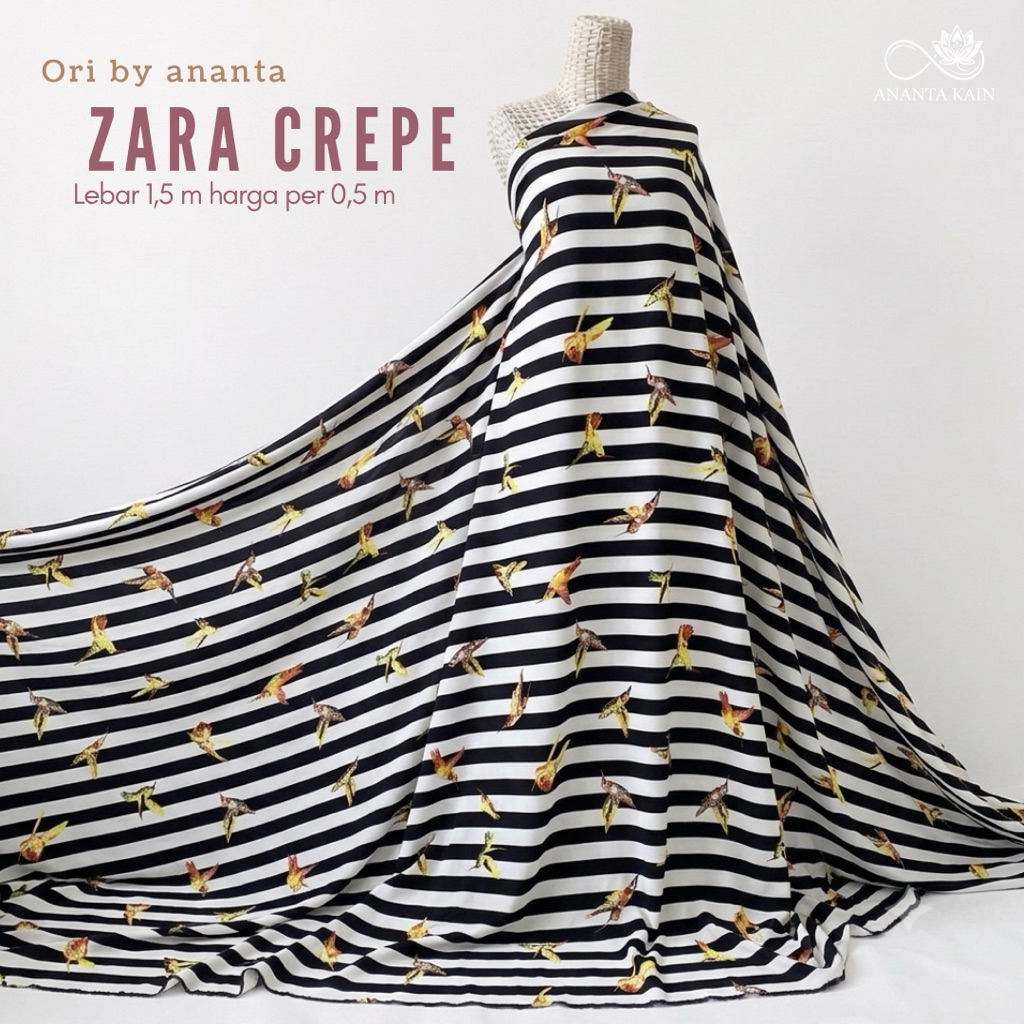 kain zara crepe motif salur hitam putih - kain gamis dan dress motif salur burung