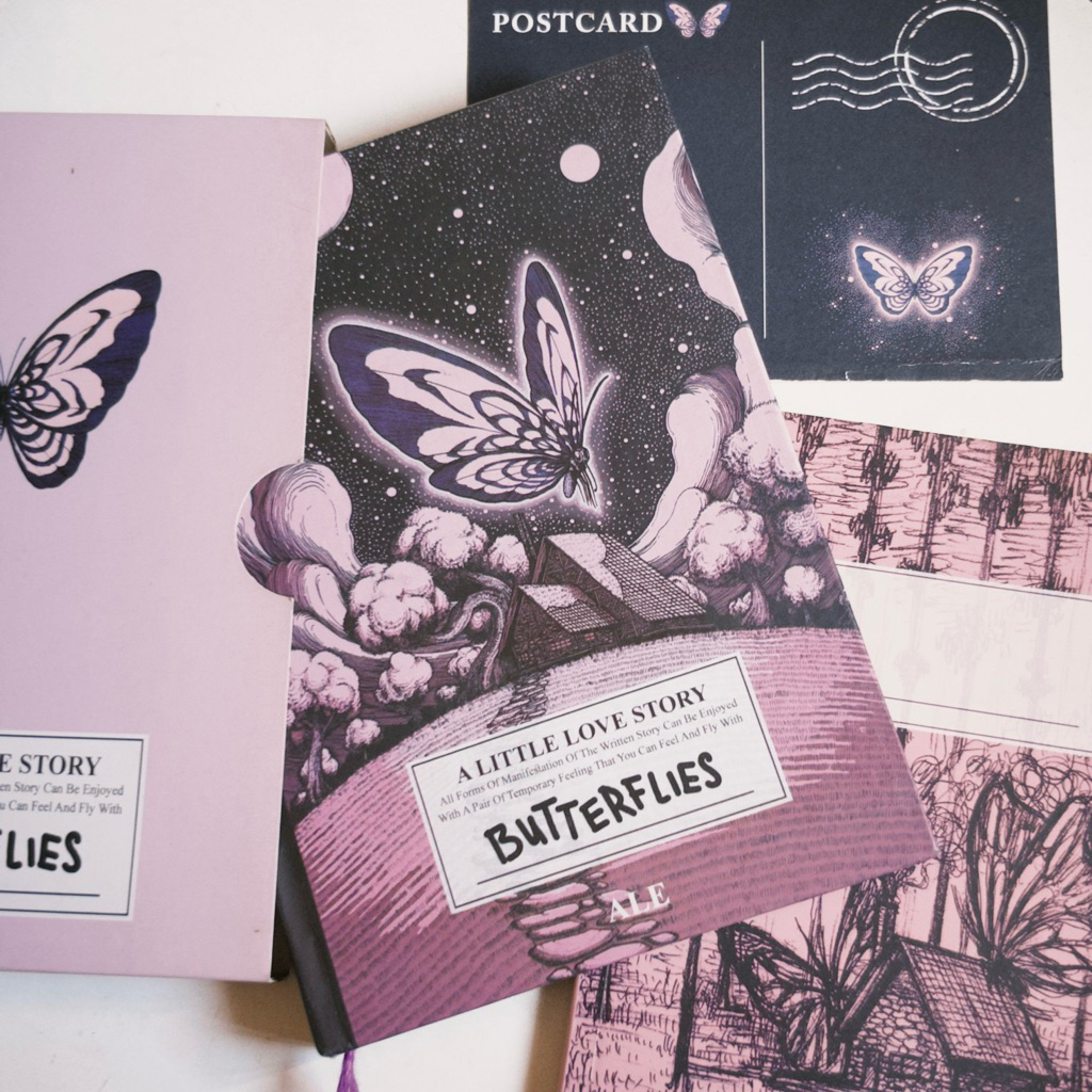 preloved novel hard cover Butterflies by ALE (+ sleeve, postcard, notebook)
