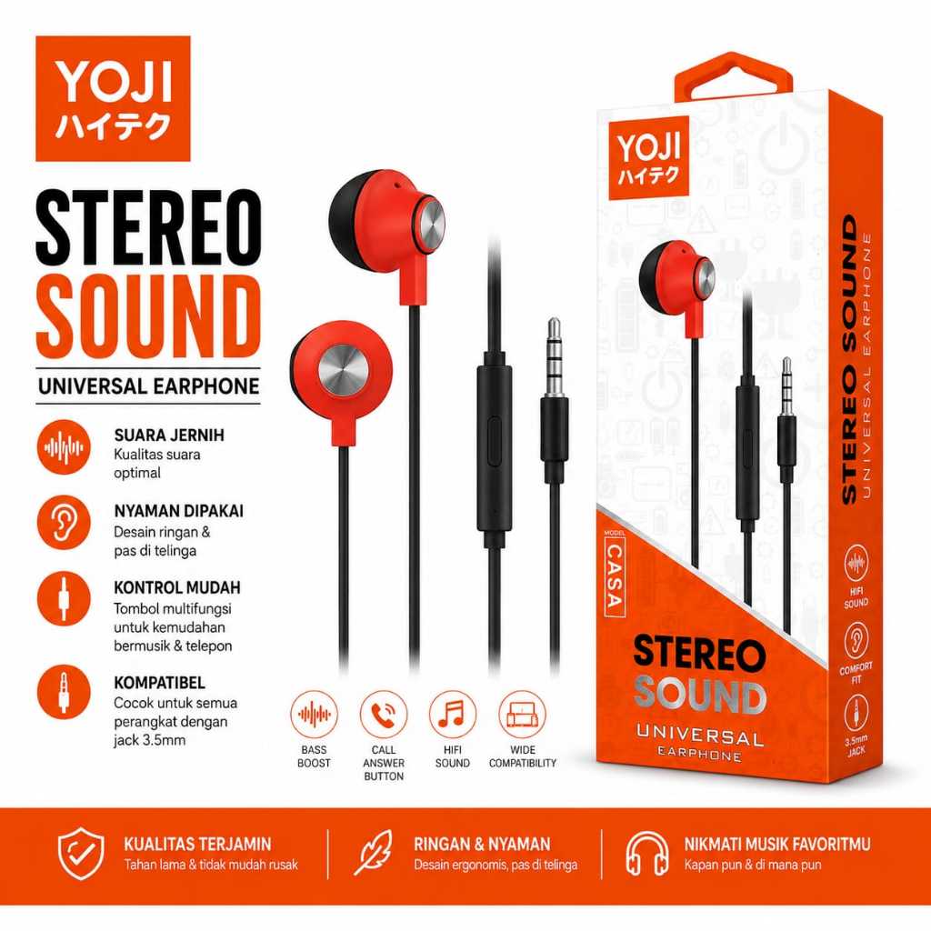 YOJI Stereo Sound Universal Earphone 3.5mm | HiFi Bass | Headset Kabel dengan Mic